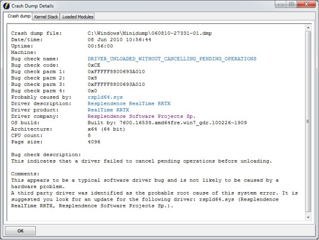 WhoCrashed - Find a driver or kernel module causing system crash